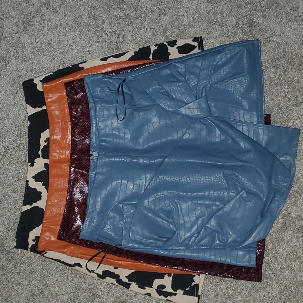 4 Women's Cow Print Demin skirt, Orange, Blue, Burgundy Faux Leather Skirts